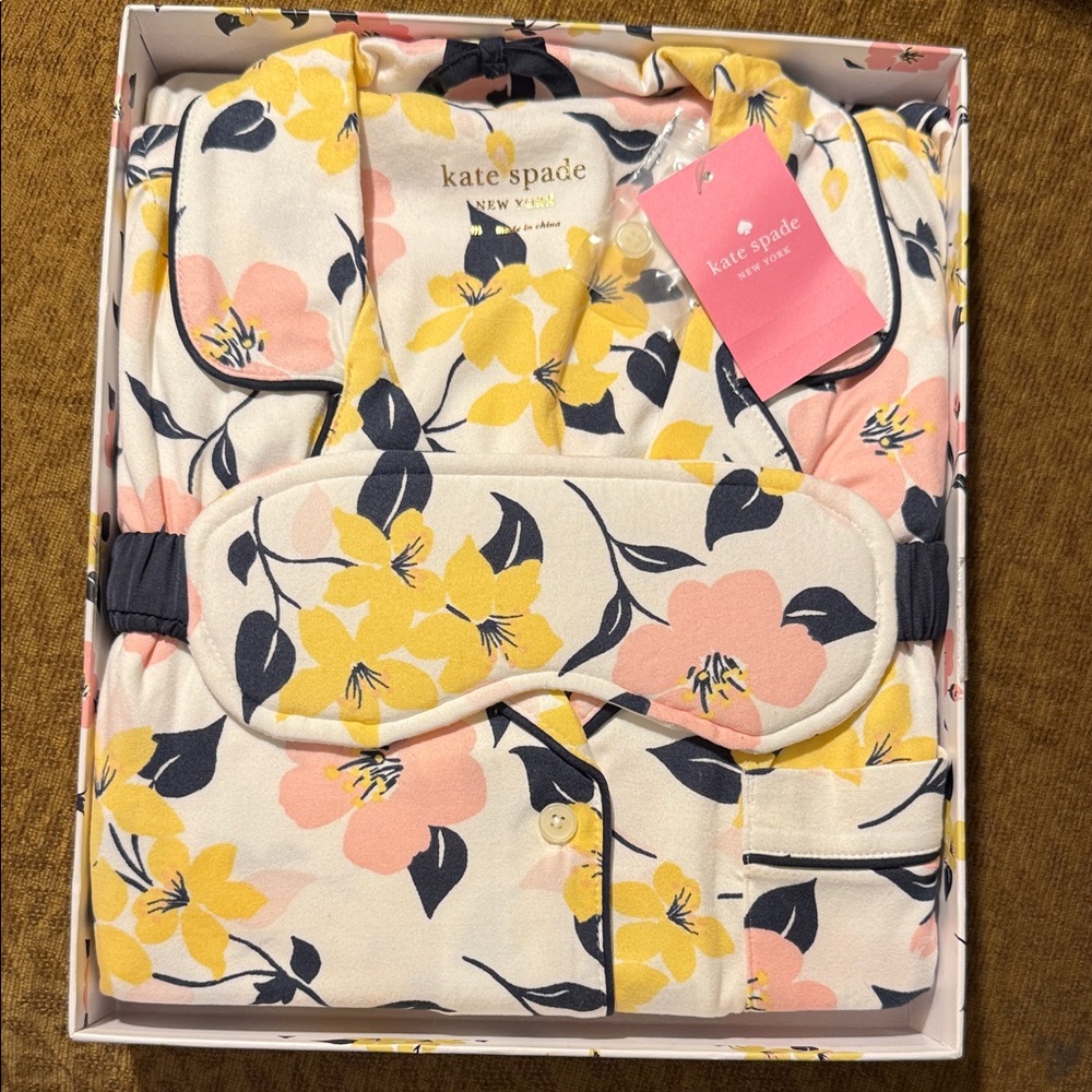 kate spade cream floral pajama set with eye mask - yellow, pink, navy